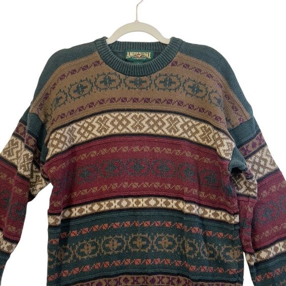 Vintage 1990s American Eagle Knit Crewneck Sweater / Striped / All Over Pattern - Picture 2 of 16